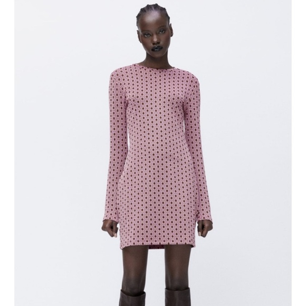Zara Bodycon Long Sleeve Print Dress 70s 60s